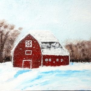 Original acrylic Painting Winter Barn